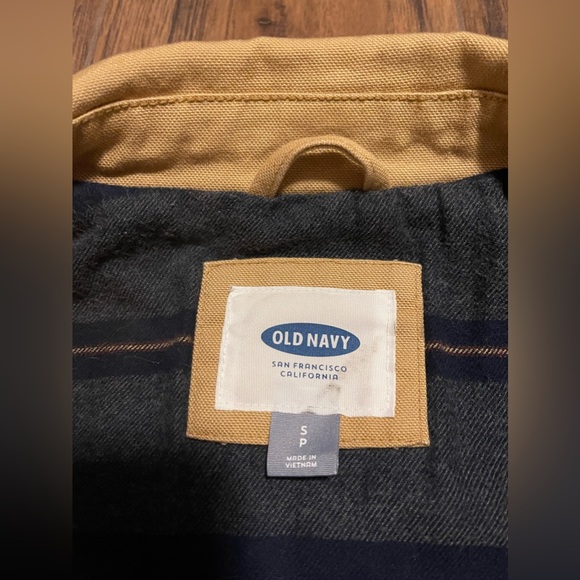 Old Navy Tan Khaki Navy Blue Plaid Lined Utility Jacket Button Up Warm Collar - Picture 5 of 10